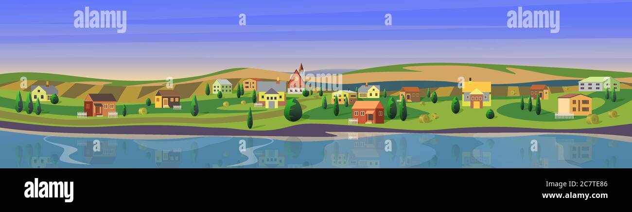 Lovely small town flat cartoon landscape countryside panorama background  vector illustration. Wide clear calm river, houses between trees on  riverside, large green fields. Small european city Stock Vector Image & Art  -