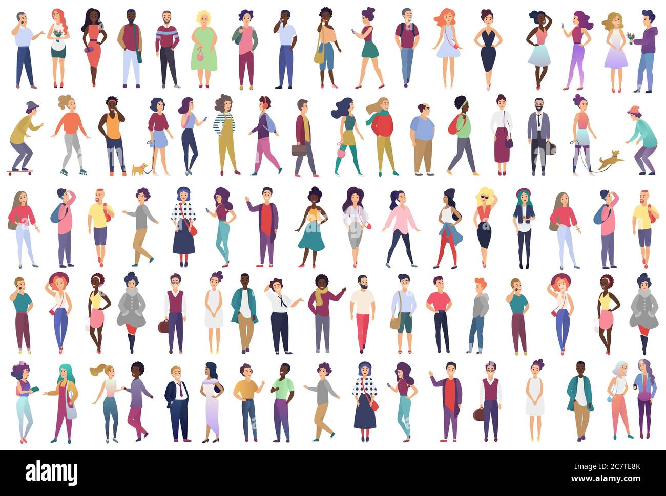 Fashionable group of male and female cartoon characters dressed in trendy clothing in different poses. Crowd of tiny people wearing stylish clothes flat gradient color vector illustration Stock Vector