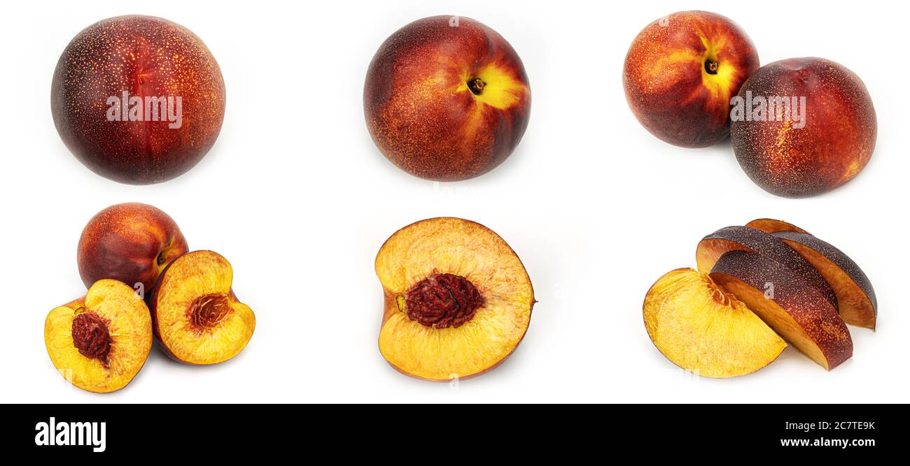 Nectarine and pieces of nectarine on a white background from different sides. Nectarine set. Macro photo. Stock Photo