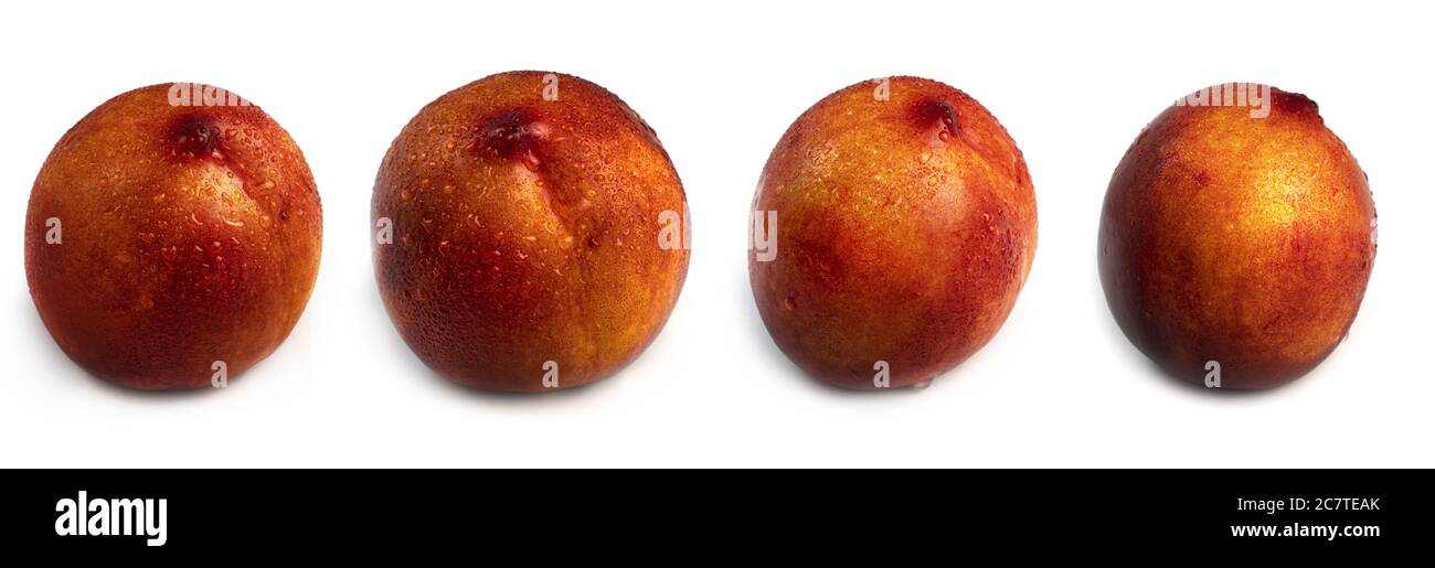 Wet nectarine with water drops on white background from different sides. Macro photo. Stock Photo
