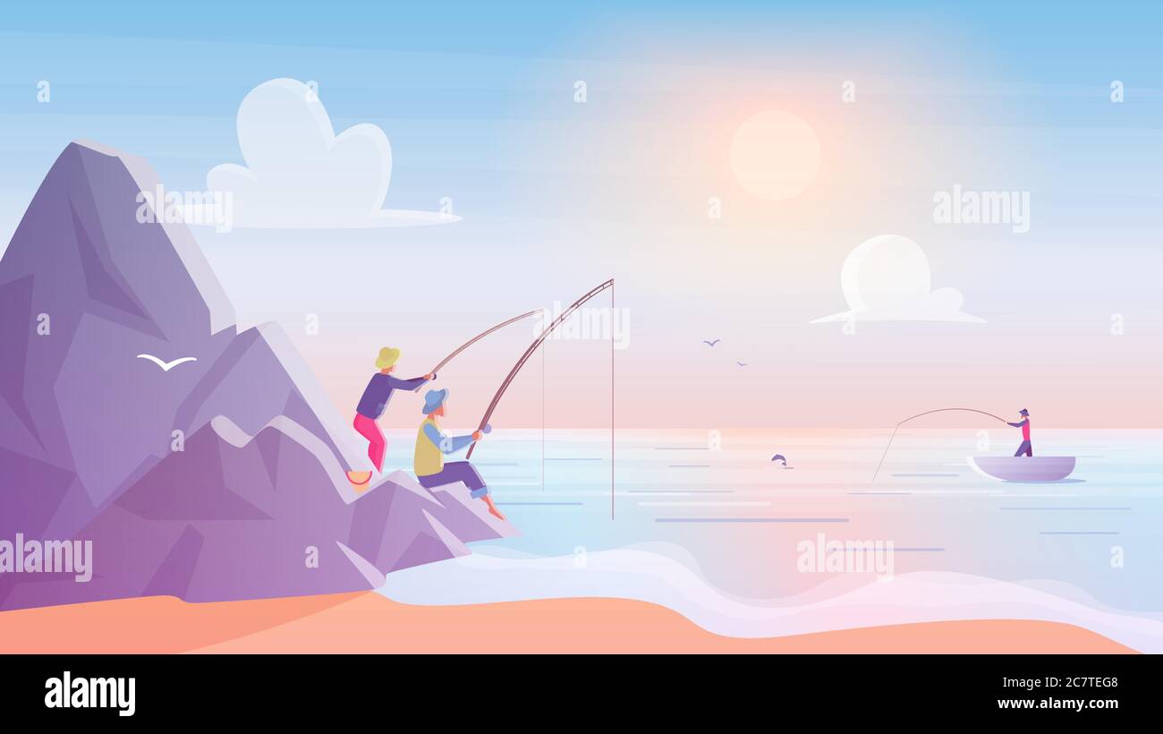 Fishermen on rocks near sea or lake beach. Fishing sport, outdoor summer recreation,hobby vacation, sunrise leisure time vector illustration Stock Vector