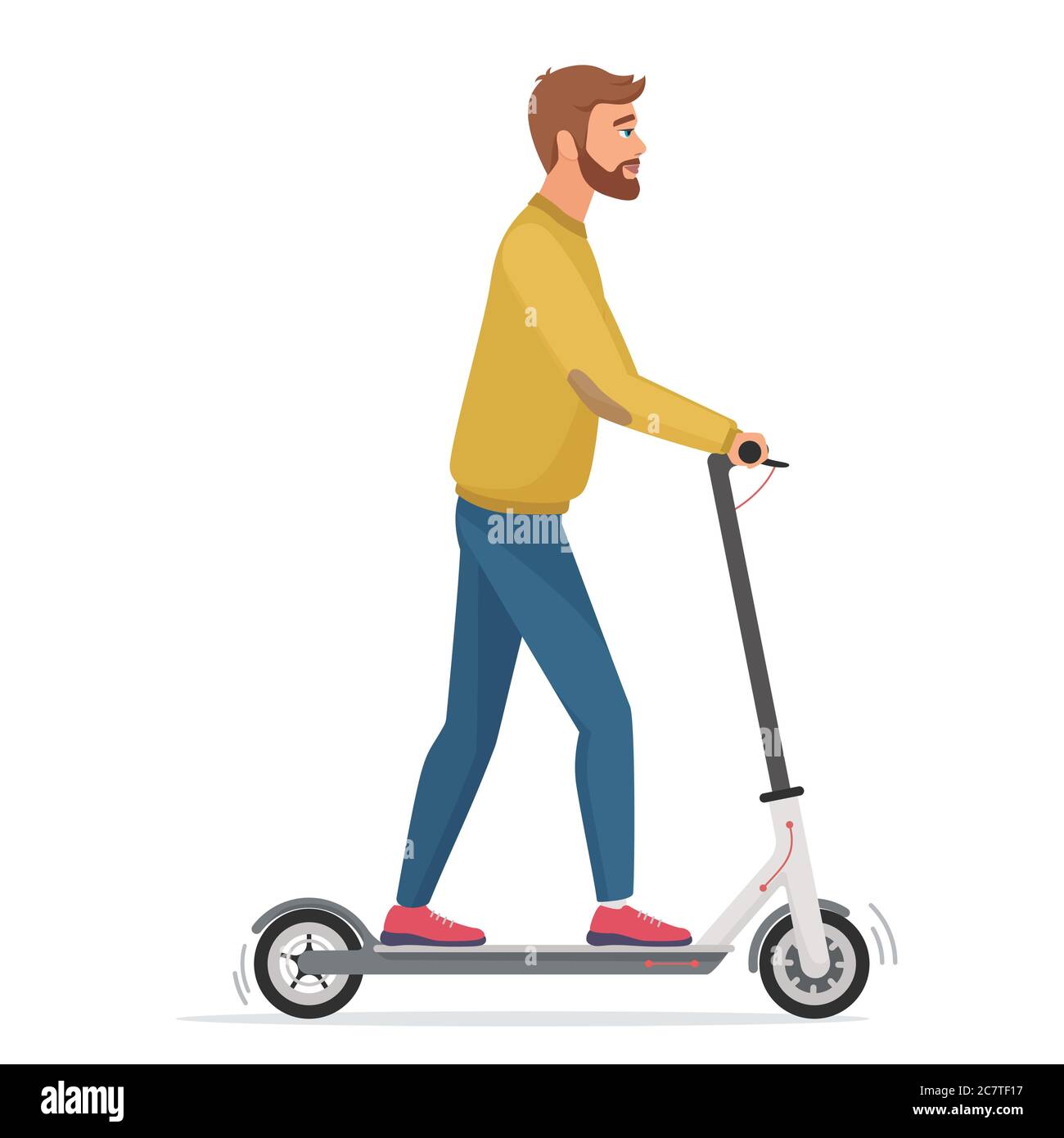 Handsome man on electric scooter flat vector illustration. Male cartoon character riding ecologically clean urban vehicle. Mature man in casual clothes using modern personal transporter Stock Vector