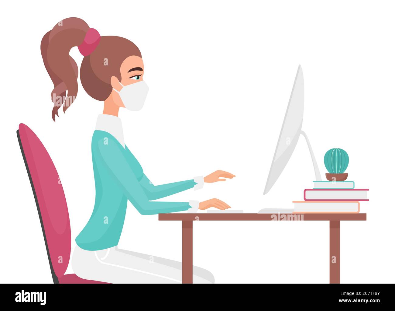 Work at home during COVID-19 quarantine virus to prevent viral infection. Front view of young pretty woman working with computer home office. Social distance concept flat vector illustration. Stock Vector