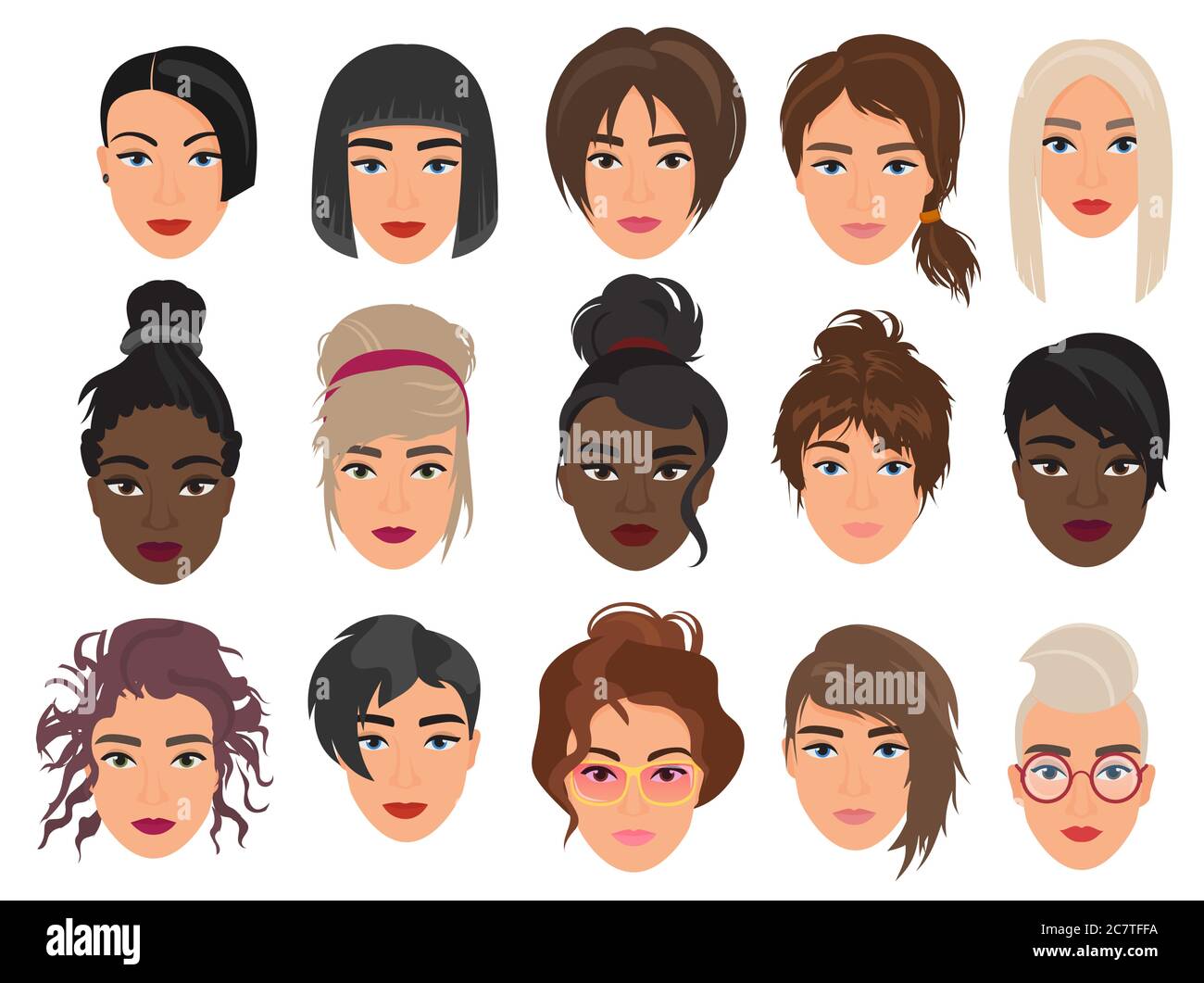 Women heads avatars characters flat cartoon vector illustration set isolated on white background. Beautiful light and dark faces, fashionable various modern and alternative haircuts Stock Vector