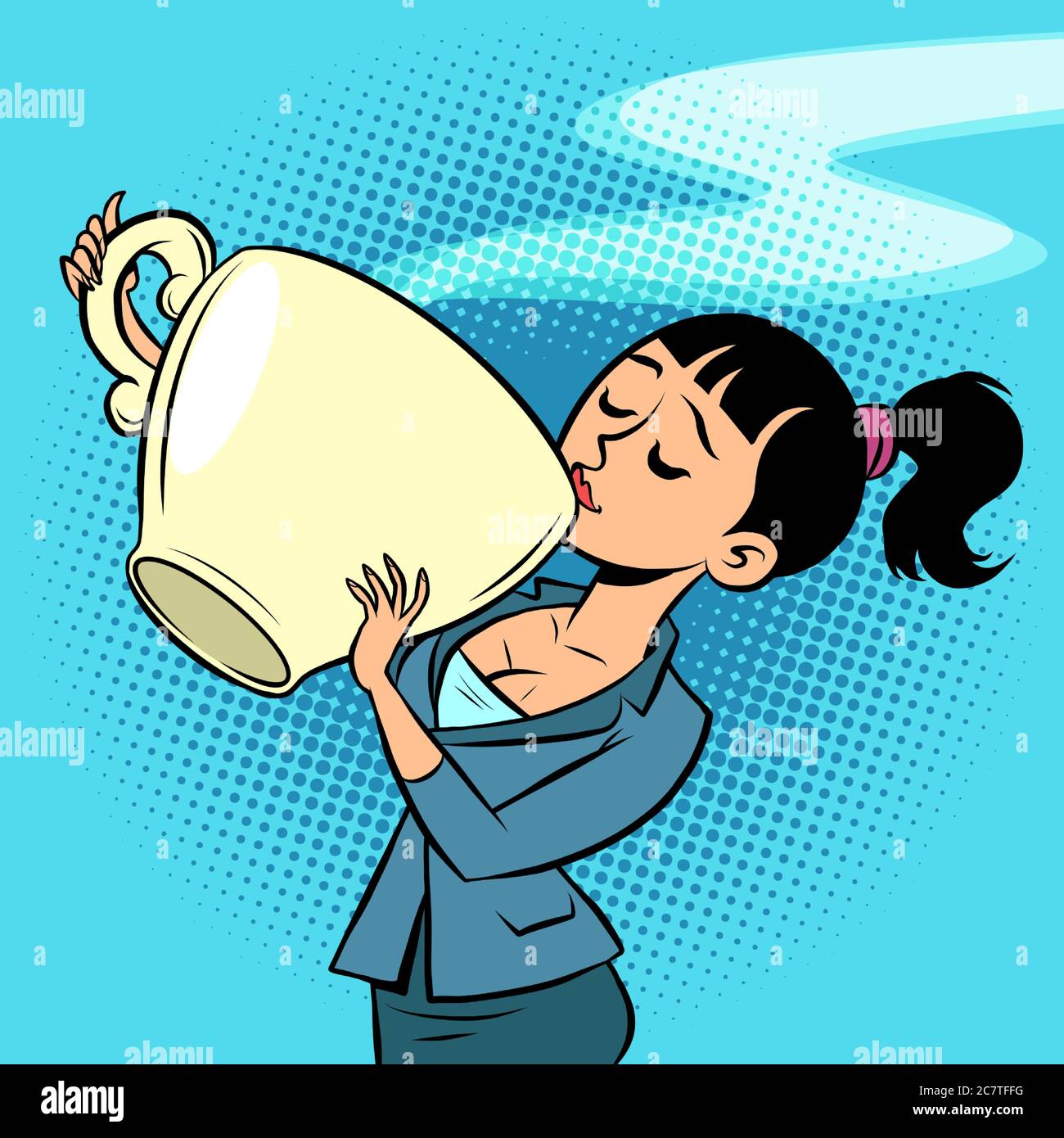 a small woman drinks a huge Cup of tea or coffee Stock Vector