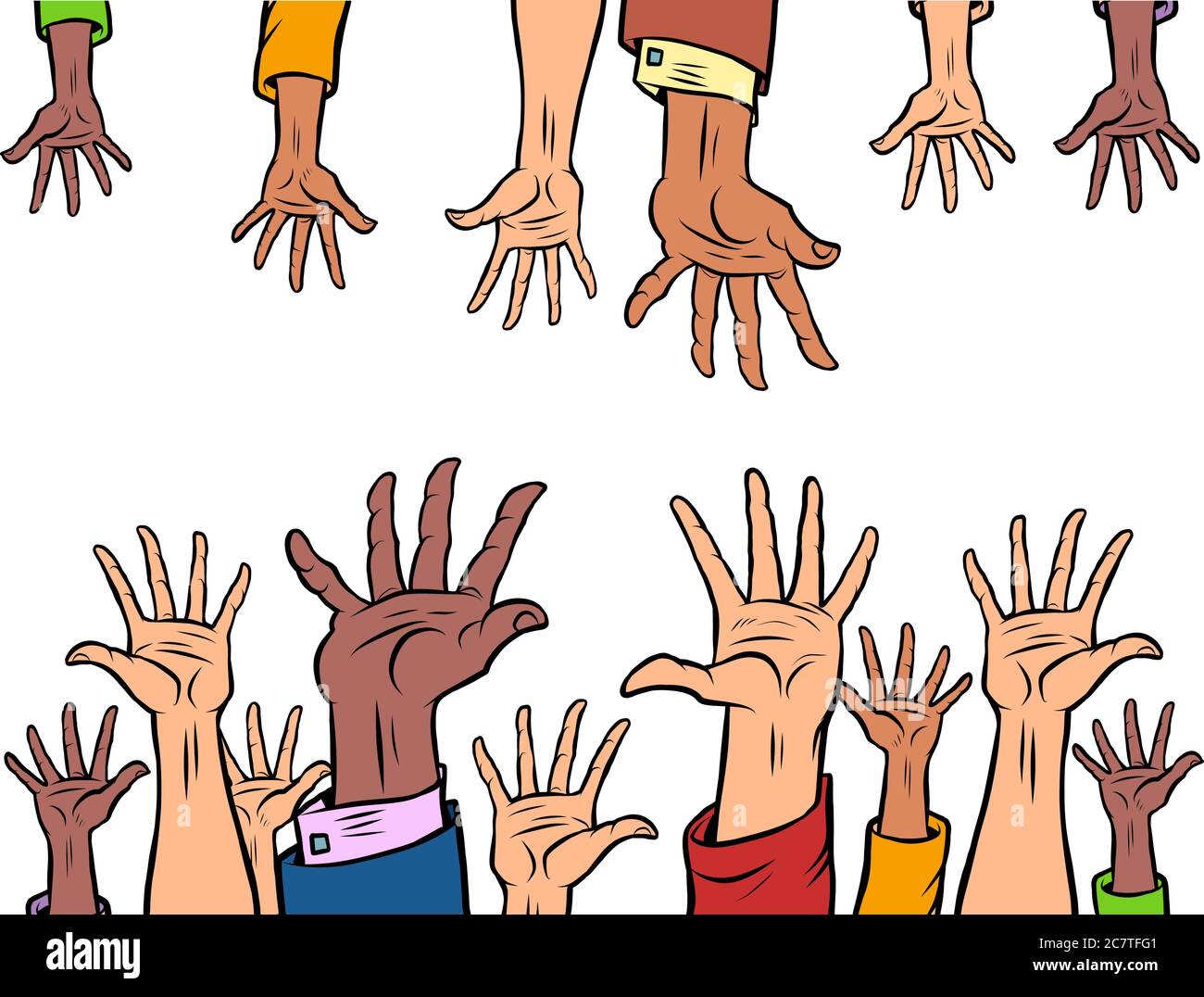many hands reach out to each other Stock Vector