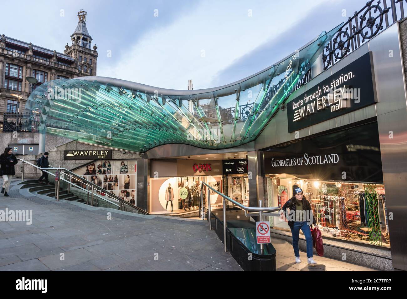 Entrance to Waverley Mall and Waverley railway station, principal station in Edinburgh, the capital of Scotland, part of United Kingdom Stock Photo