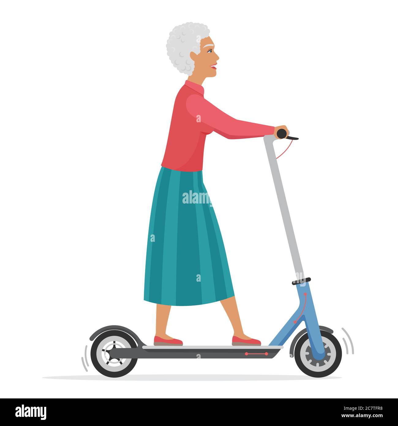 Active old woman on electric scooter flat vector illustration. Lady pensioner cartoon character riding eco friendly city vehicle. Grandmother using urban personal transporter Stock Vector