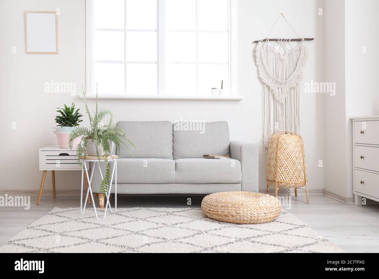 Wicker baskets with houseplants and sofa in room Stock Photo Alamy
