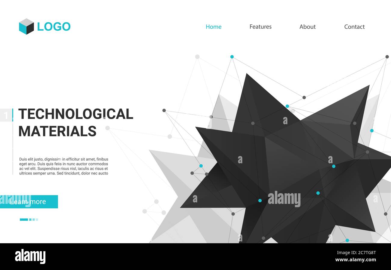 Technology materials landing page with abstract black polyhedron on white background. Vector illustration template for creative startup, innovation research, science, industry business web hello page Stock Vector