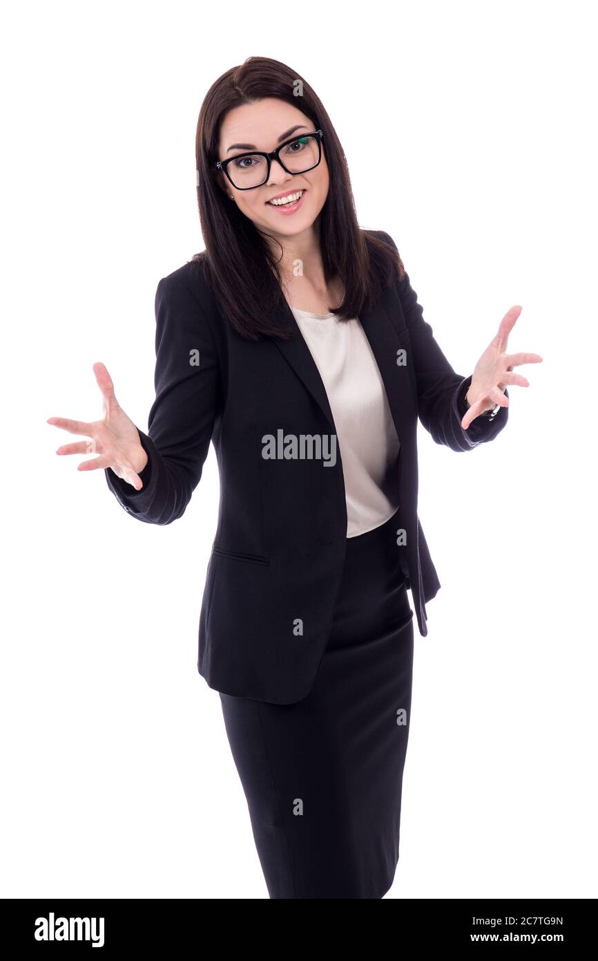 portrait of cheerful young woman in business suit isolated on white ...