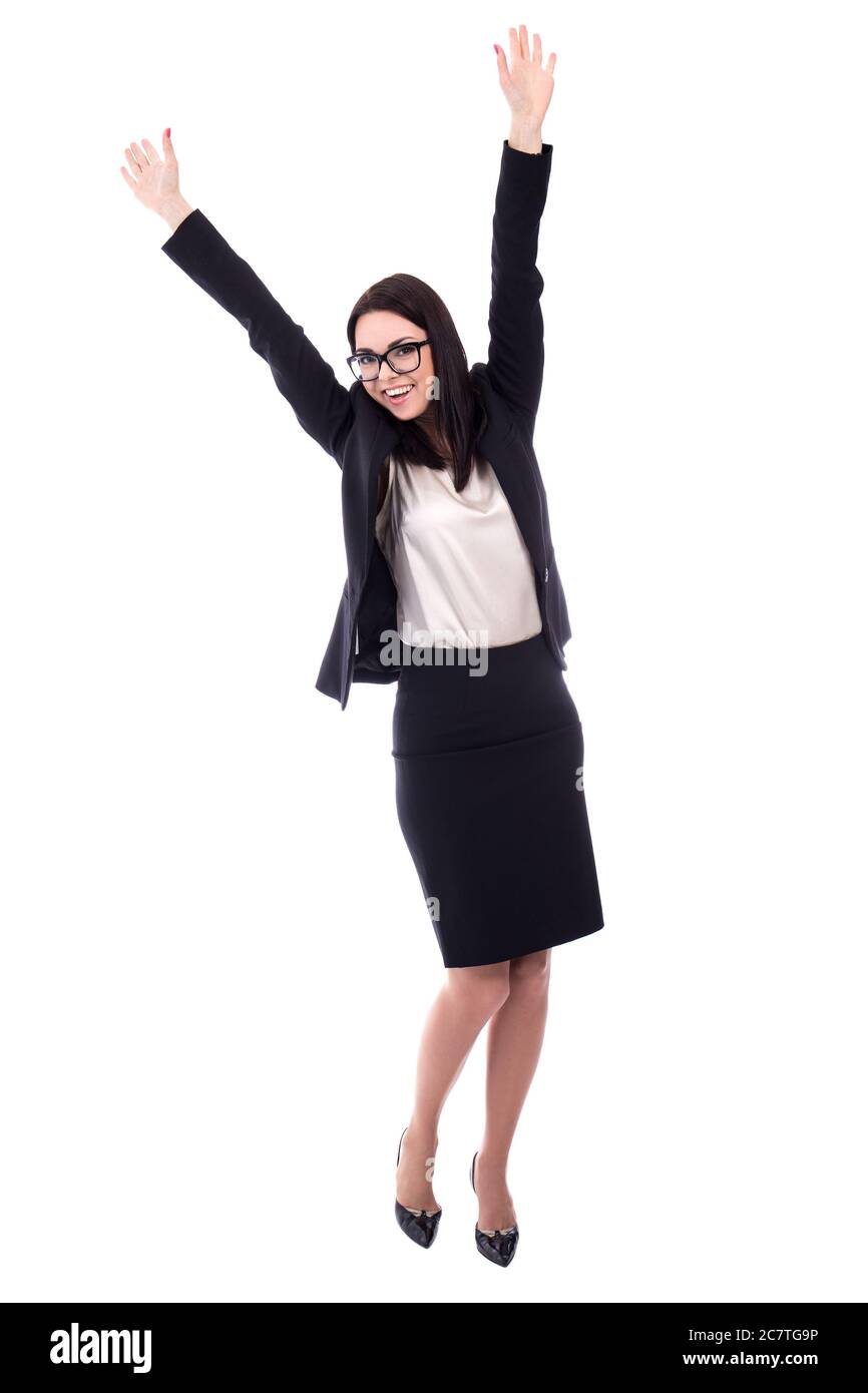 cheerful young woman in business suit isolated on white background ...