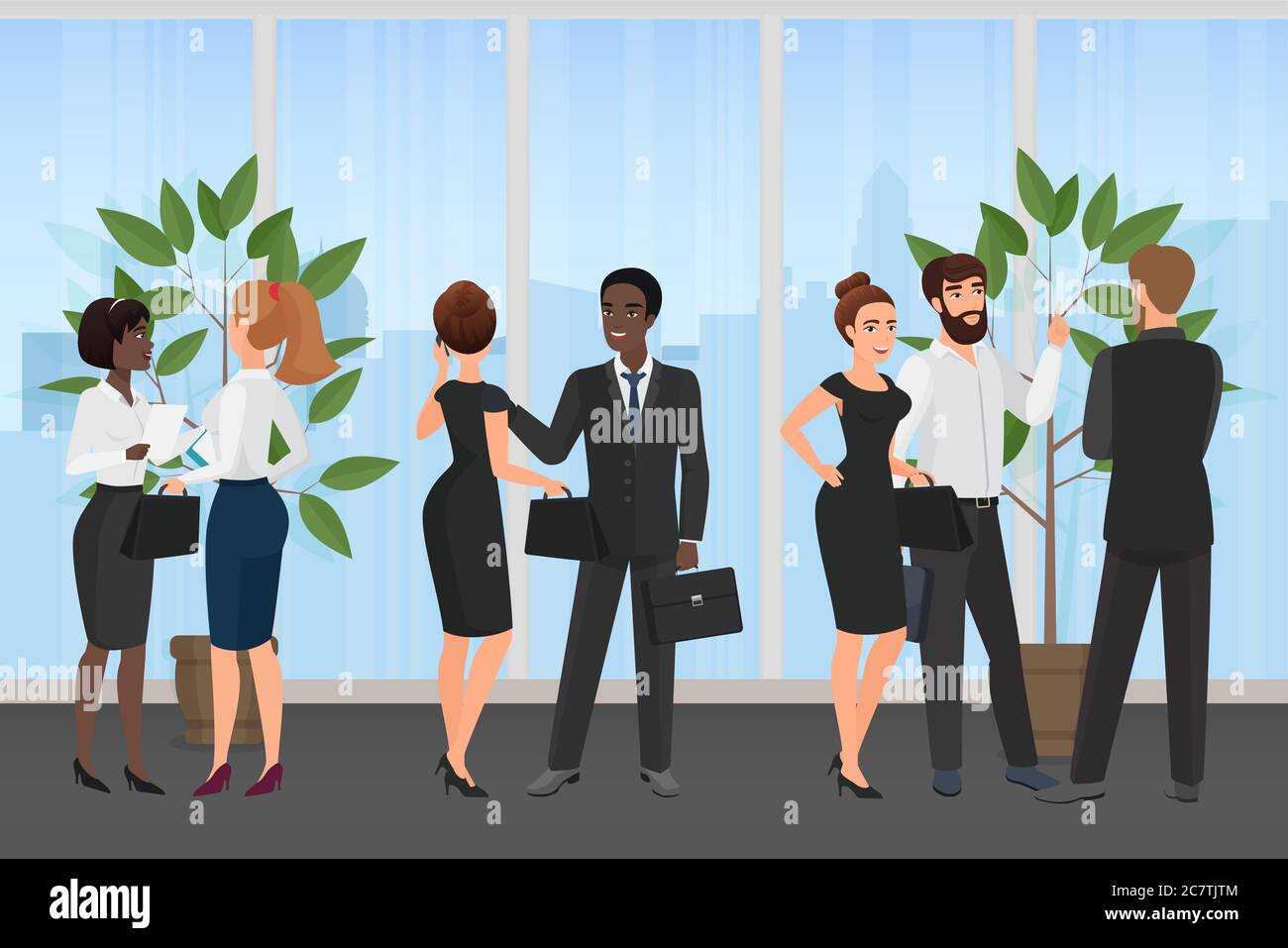 Business meeting office concept flat cartoon vector illustration. Small  teams, groups people stand and talking on window background. Communication  businessman and businesswoman, corporate teamwork Stock Vector Image & Art  - Alamy