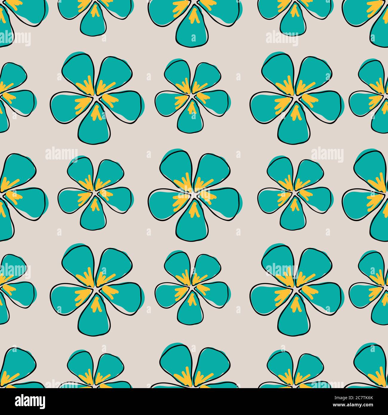 Rows of Flowers blue teal background seamless repeat vector pattern surface design Stock Vector