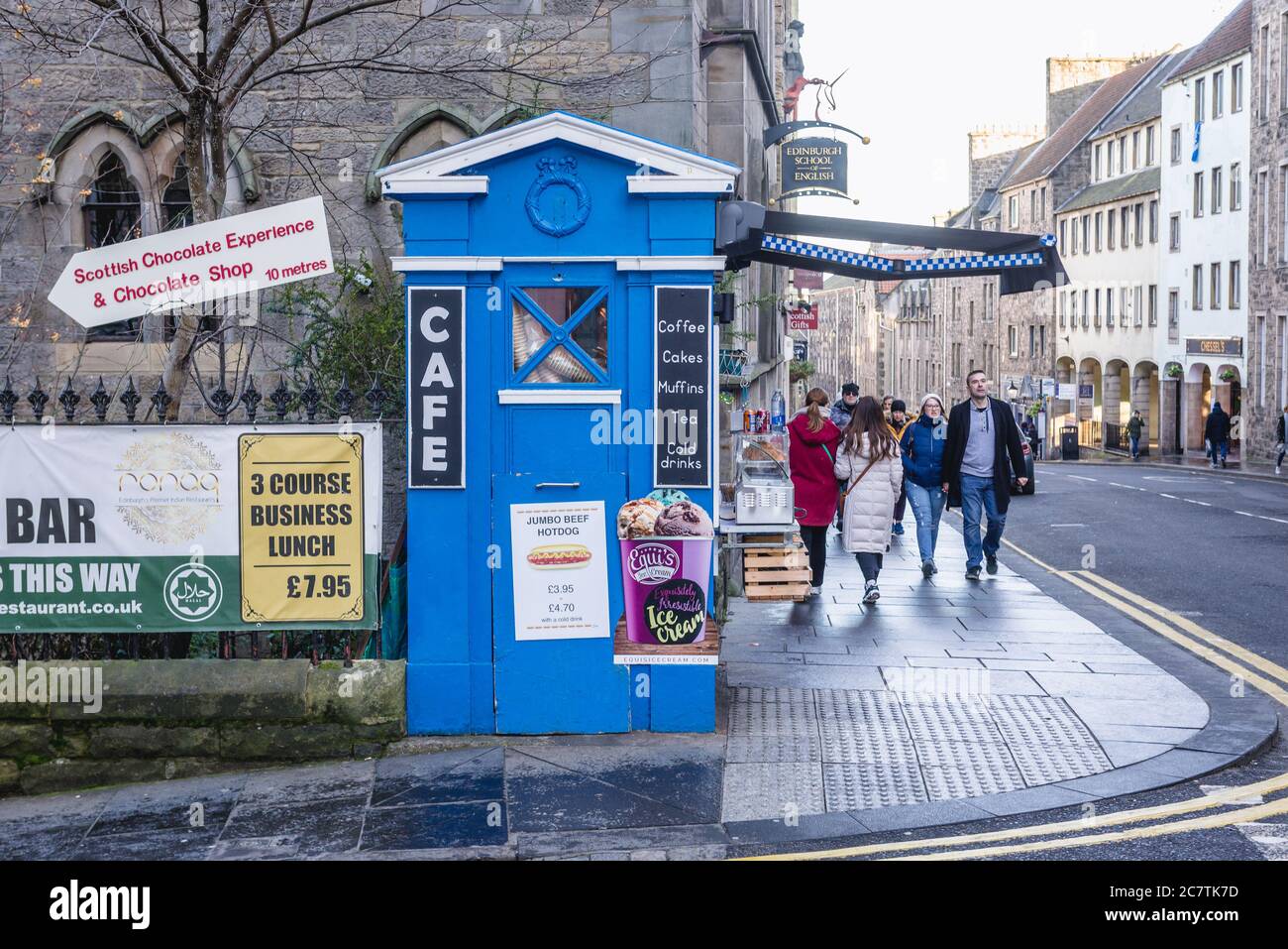 Cafe in old police box on High Street, part of Royal Mile in Edinburgh, capital of Scotland, part of United Kingdom Stock Photo