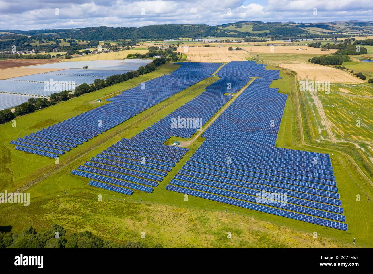 Aerial view of Errol solar farm near Perth in Scotland, UK. Operated by Elgin Energy it is largest solar farm in Scotland generating 13MW from 55,000 Stock Photo