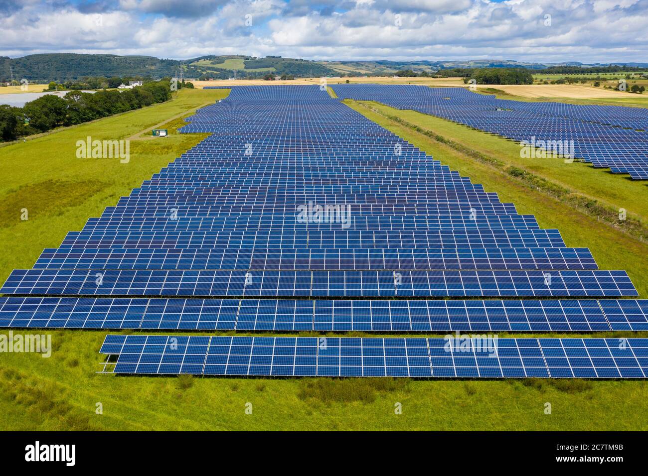 Aerial view of Errol solar farm near Perth in Scotland, UK. Operated by Elgin Energy it is largest solar farm in Scotland generating 13MW from 55,000 Stock Photo
