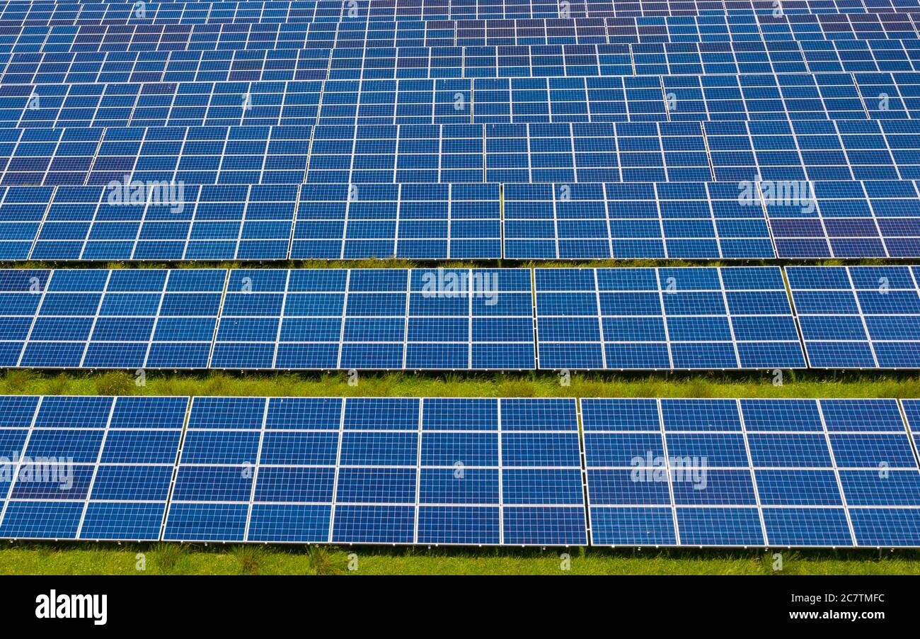 Aerial view of Errol solar farm near Perth in Scotland, UK. Operated by Elgin Energy it is largest solar farm in Scotland generating 13MW from 55,000 Stock Photo