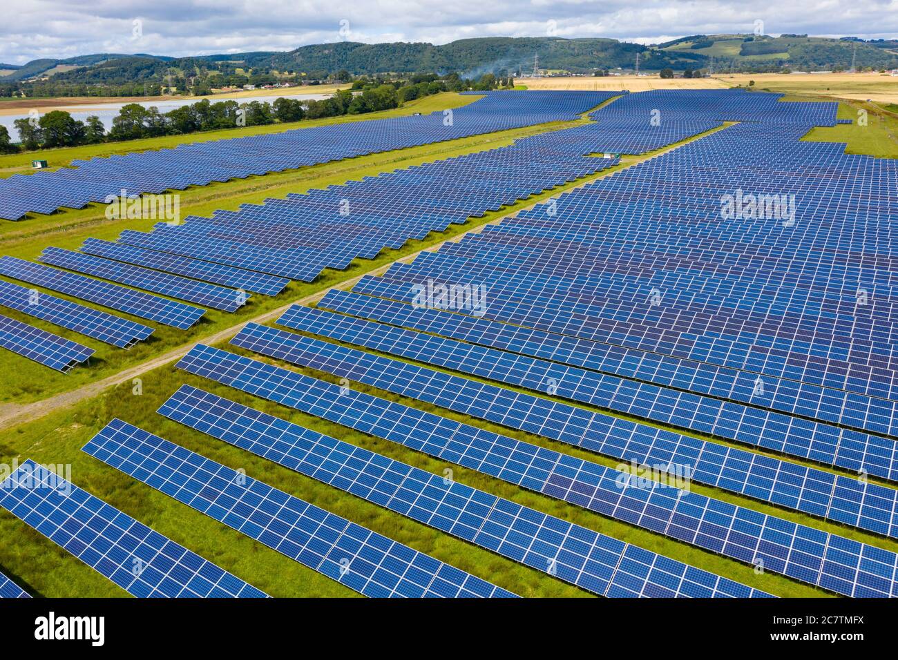 Aerial view of Errol solar farm near Perth in Scotland, UK. Operated by Elgin Energy it is largest solar farm in Scotland generating 13MW from 55,000 Stock Photo