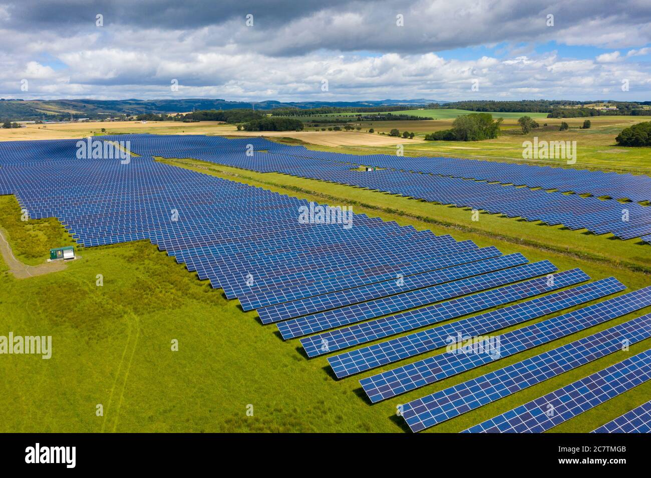 Aerial view of Errol solar farm near Perth in Scotland, UK. Operated by Elgin Energy it is largest solar farm in Scotland generating 13MW from 55,000 Stock Photo