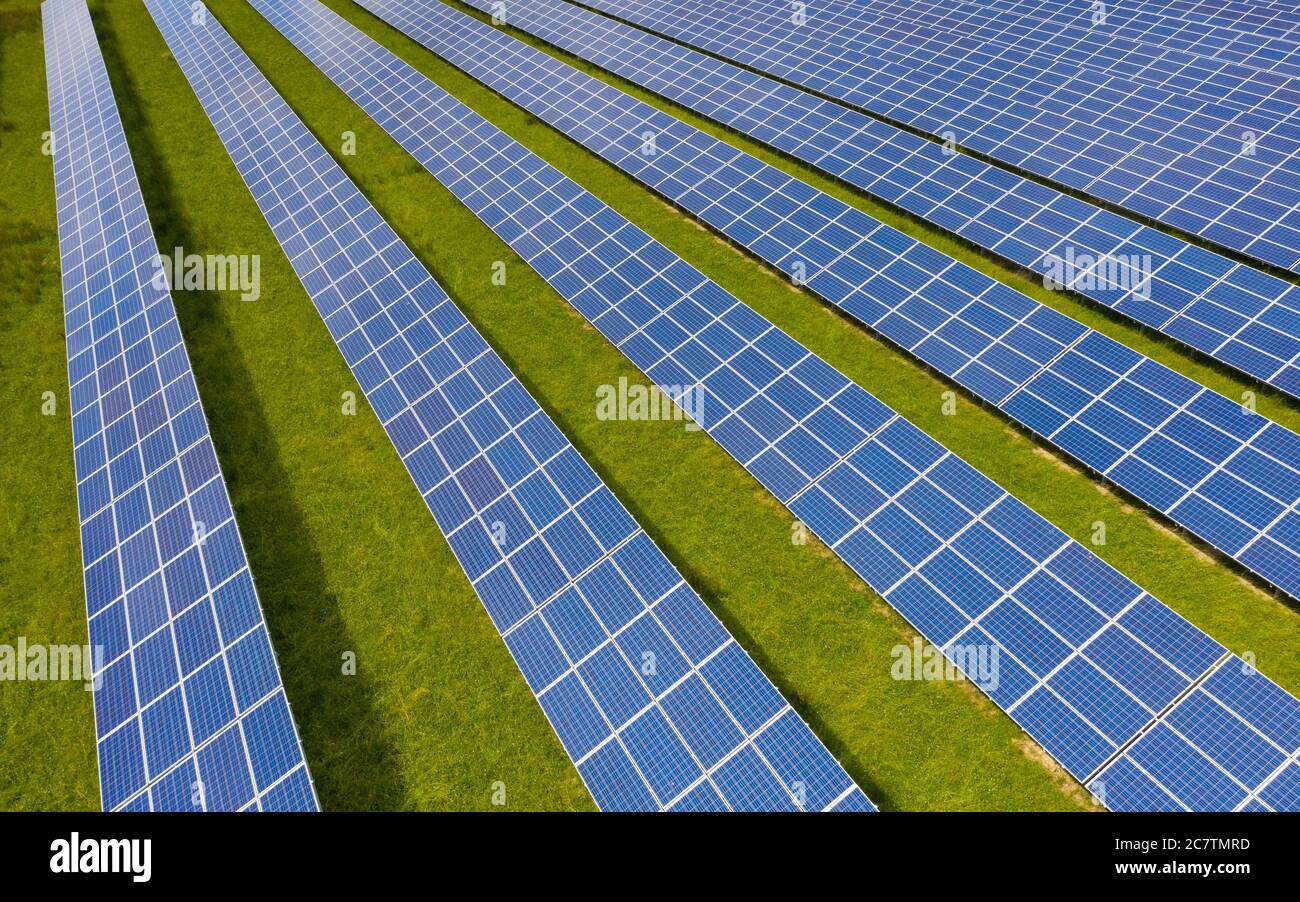 Aerial view of Errol solar farm near Perth in Scotland, UK. Operated by Elgin Energy it is largest solar farm in Scotland generating 13MW from 55,000 Stock Photo
