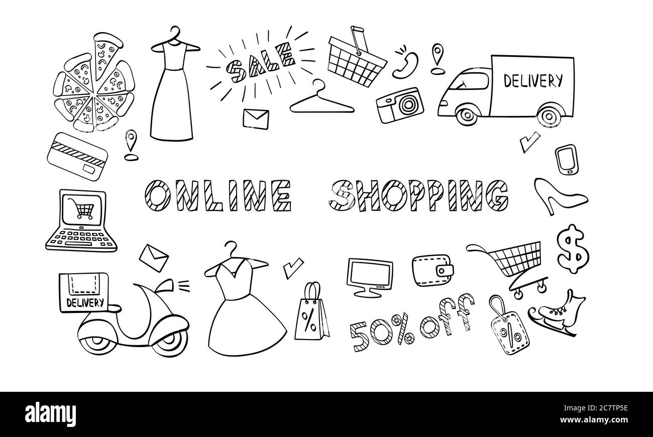Online shopping icons set. Hand drawn e-commerce objects isolated on white  background. Vector illustration Stock Vector Image & Art - Alamy