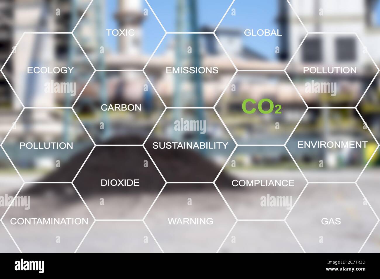 Words connected to the environmental waste in a honeycomb pattern - the concept of CO2 pollution Stock Photo