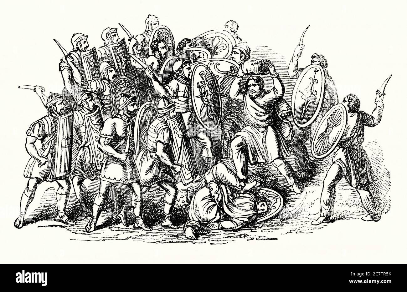 An old engraving showing a battle between soldiers of the Roman Empire and Barbarians, Europe during the 1st century AD. Warfare between the Romans and various Germanic tribes lasted between 113 BC and 596 AD. The nature of these wars varied through time between Roman conquest, Germanic uprisings and later Germanic invasions in the Roman Empire that started in the late second century BC. The word 'Barbarian' has become commonly used to refer to someone perceived to be either uncivilised or primitive. Stock Photo