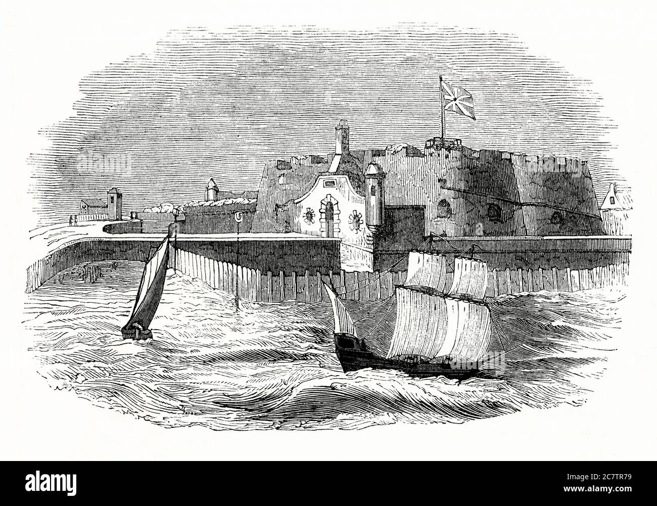 An old engraving showing Hull Castle, an artillery fort in Kingston upon Hull, East Yorkshire, England, UK in the mid-1600s. Together with two supporting blockhouses, it defended the eastern side of the River Hull, and was constructed by King Henry VIII to protect against attack from France. The castle had two large, curved bastions and a rectangular keep at its centre with blockhouses to the north and south. A curtain wall and moat linked the blockhouses and castle. Stock Photo