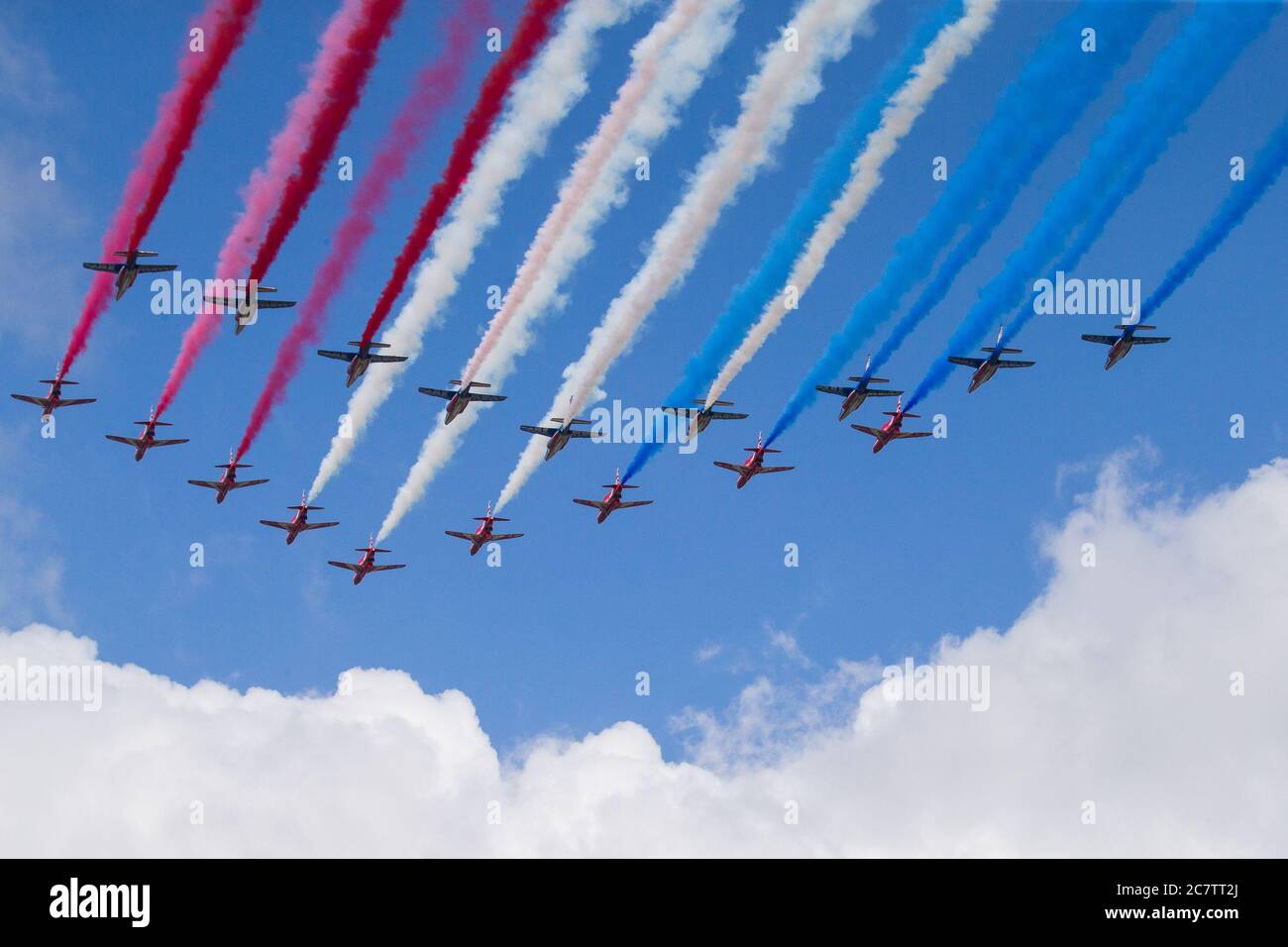 Red Arrows and La Patrouille Acrobatique de France fly over London  for French President Emmanuel Macron state visit. Featuring: View Where: London, United Kingdom When: 18 Jun 2020 Credit: Mario Mitsis/WENN Stock Photo