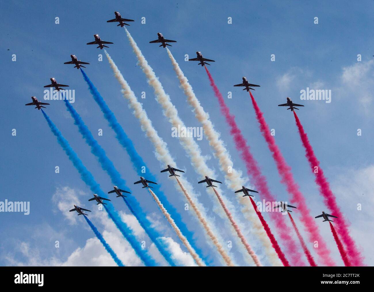 Red Arrows and La Patrouille Acrobatique de France fly over London  for French President Emmanuel Macron state visit. Featuring: View Where: London, United Kingdom When: 18 Jun 2020 Credit: Mario Mitsis/WENN Stock Photo