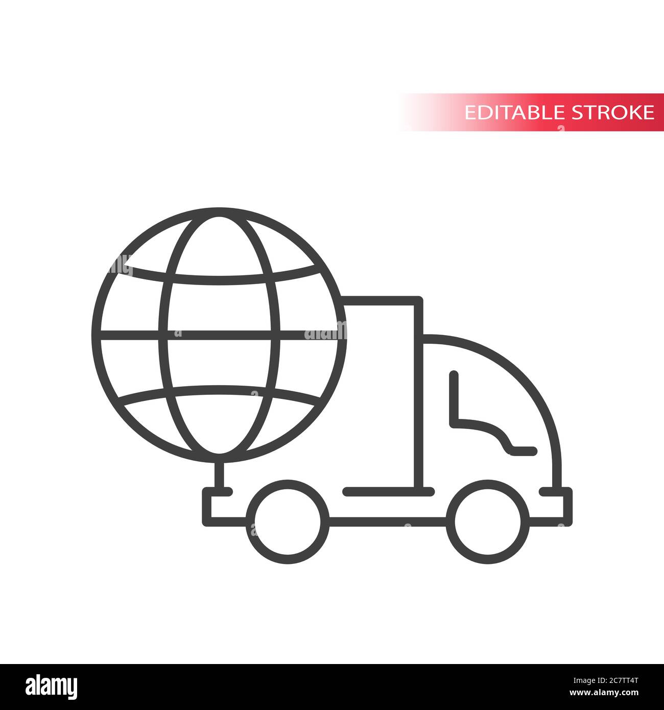 Truck or lorry with globe thin line vector icon. International shipping, fast delivery service symbol. Outline, editable stroke. Stock Vector