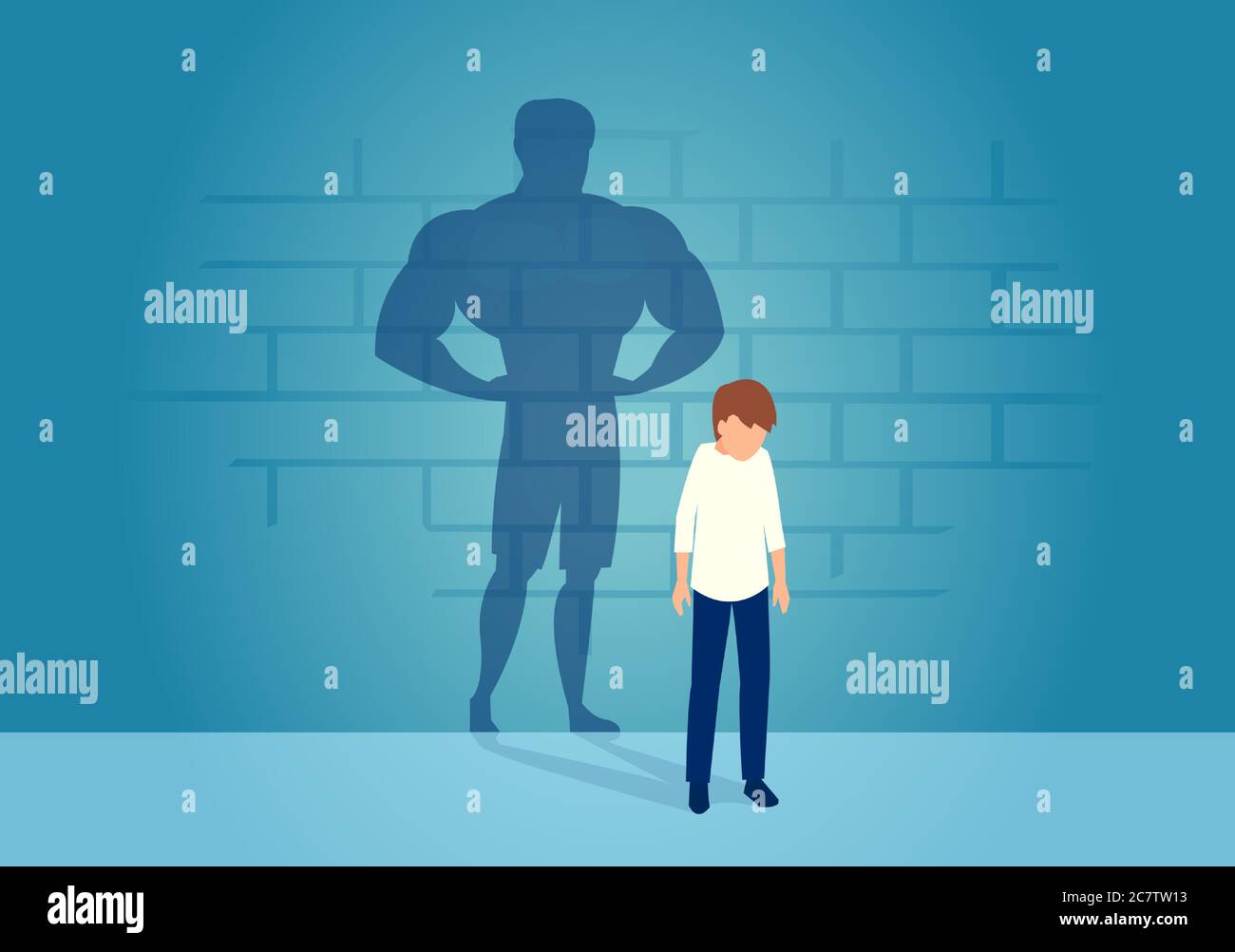 Vector of a sad weak man teenager standing depressed in front of a wall with his strong shadow of himself Stock Vector