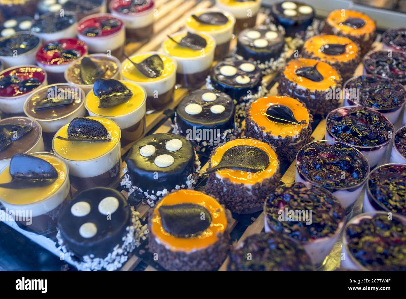 High angle shot of delicious sweet desserts in the shop at daytime ...