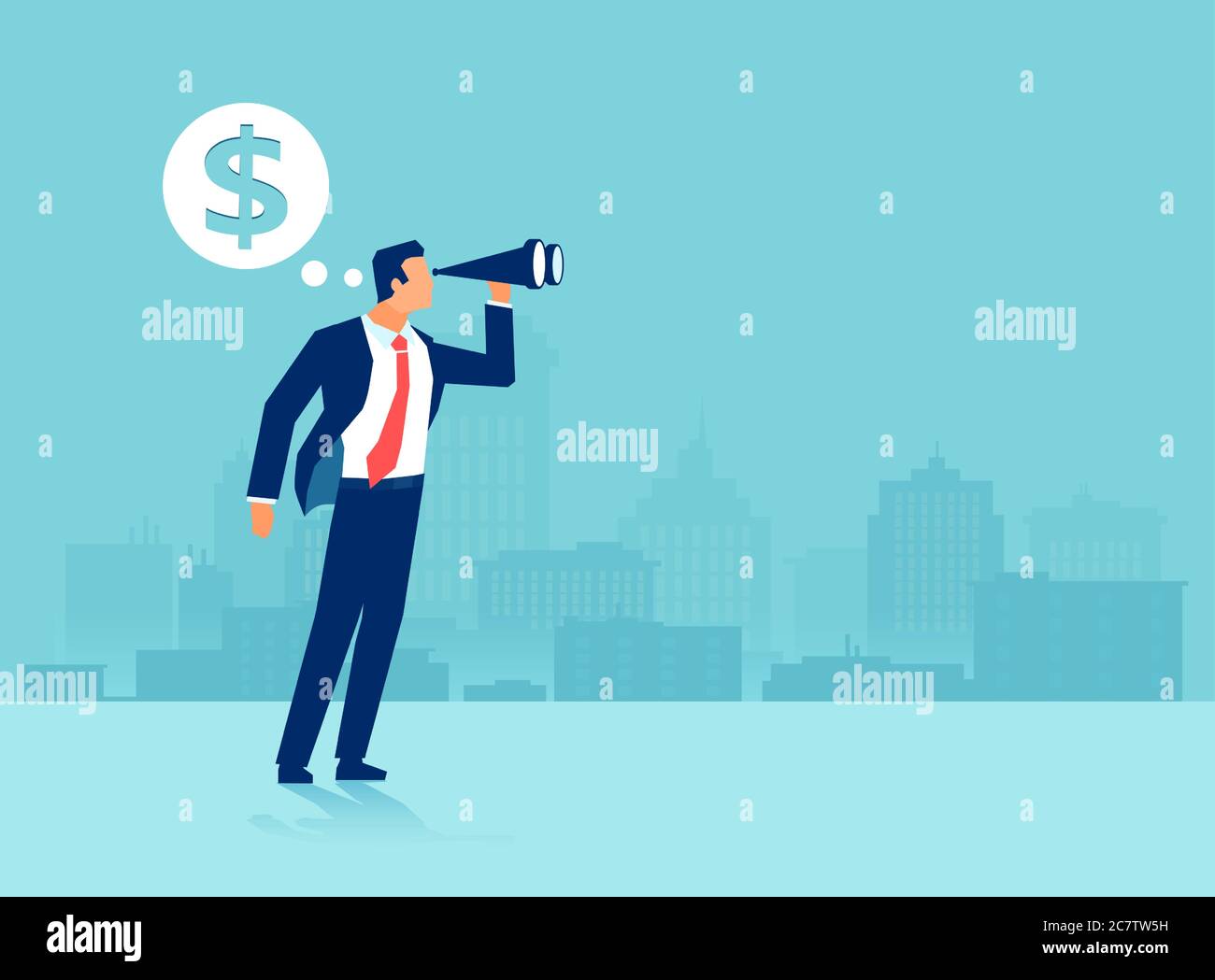 Vector of a businessman using binoculars looking into future thinking of big money Stock Vector