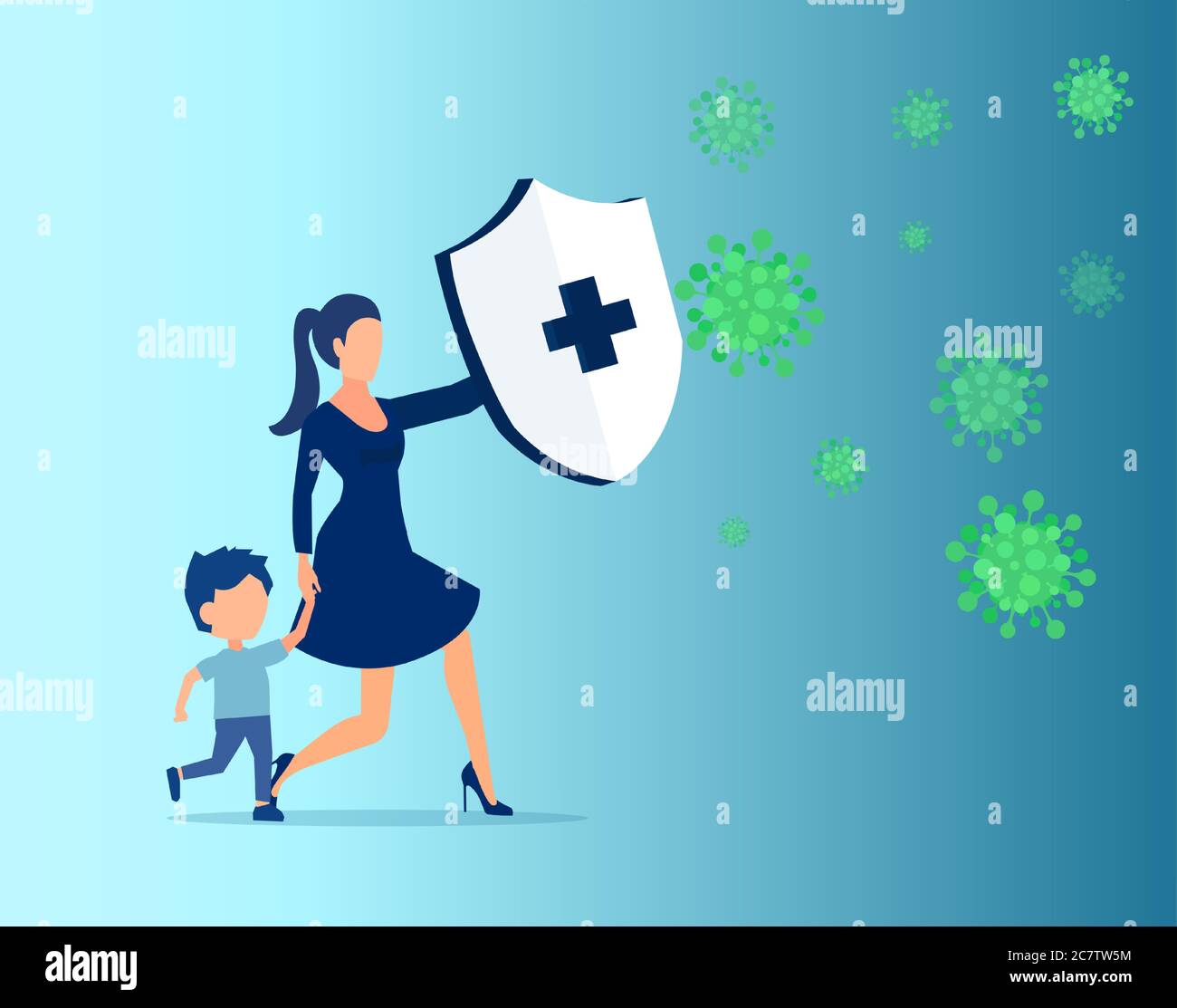 Vector of a young woman with a child holding knight shield to protect from COVID-19 viral infection Stock Vector