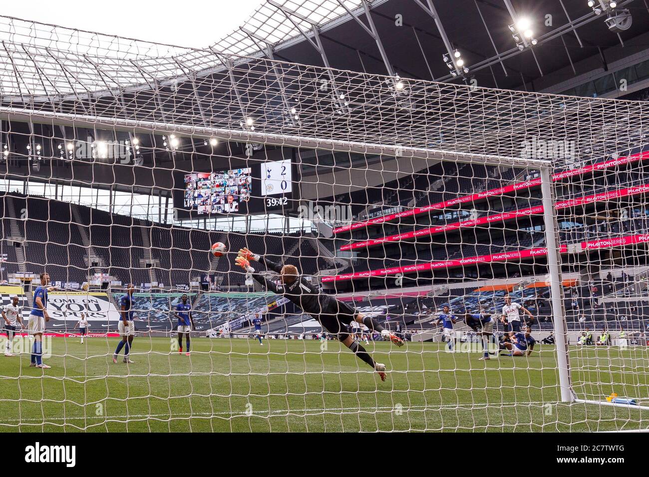 London, UK. 19th July, 2020. Harry Kane of Tottenham Hotspur scores their third goal to make the score 3-0 during the Premier League match between Tottenham Hotspur and Leicester City at the Tottenham Hotspur Stadium on July 19th 2020 in London, England. (Photo by Daniel Chesterton/phcimages.com) Credit: PHC Images/Alamy Live News Stock Photo