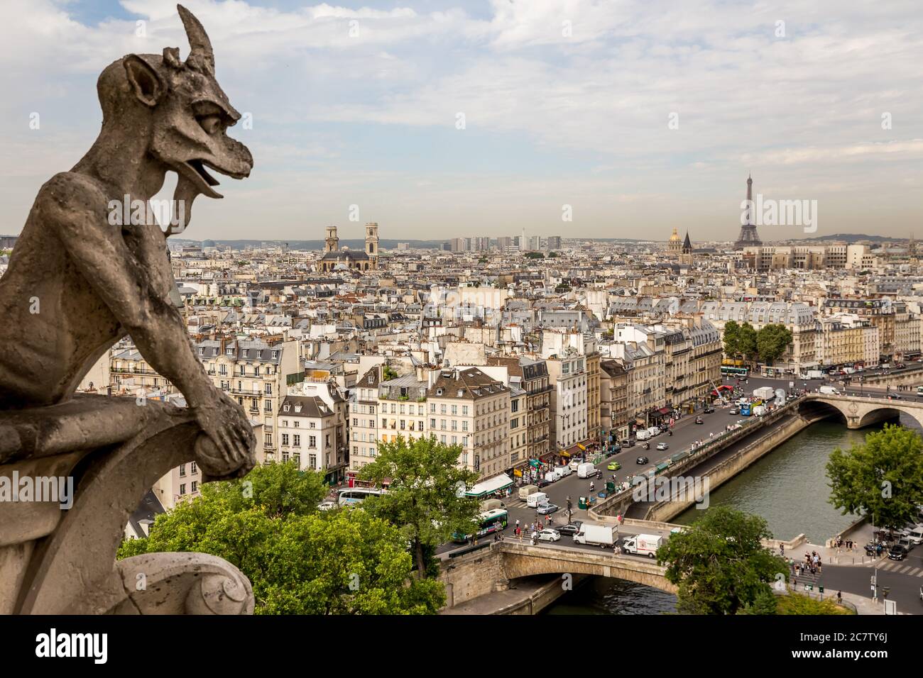 Gargoyle on Notre Dame Cathedral and panorama of Paris, France Stock Photo