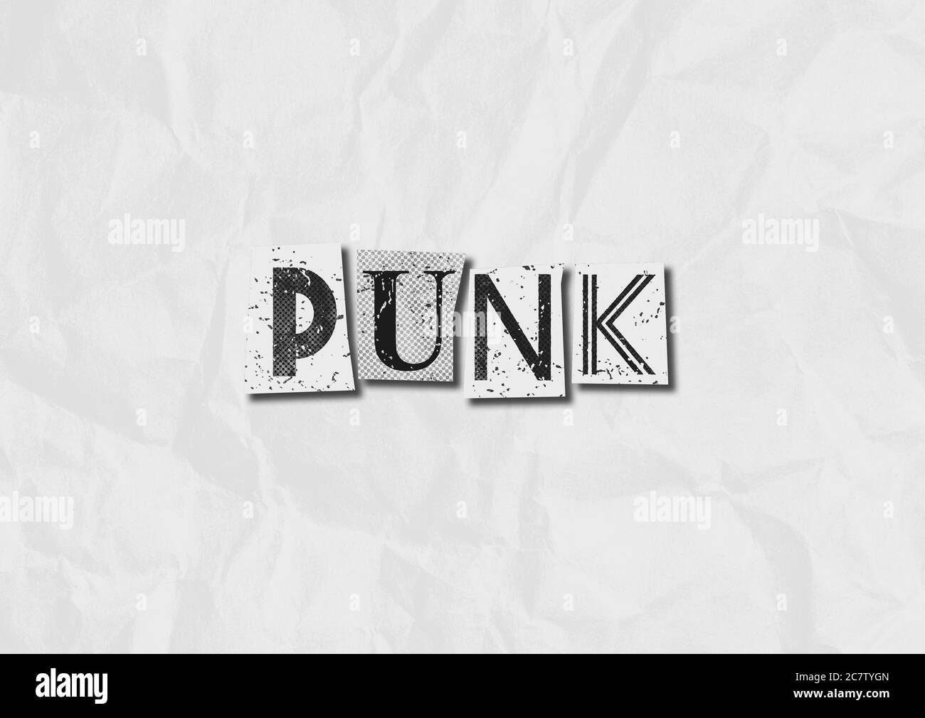 A black and white Punk music style grunge text collage graphic illustration with copy space Stock Photo