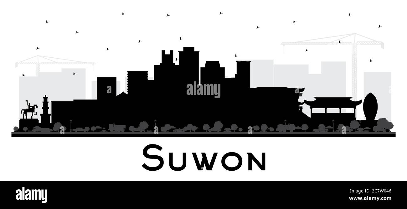 Suwon South Korea City Skyline Silhouette with Black Buildings Isolated on White. Vector Illustration. Business Travel and Tourism Concept. Stock Vector