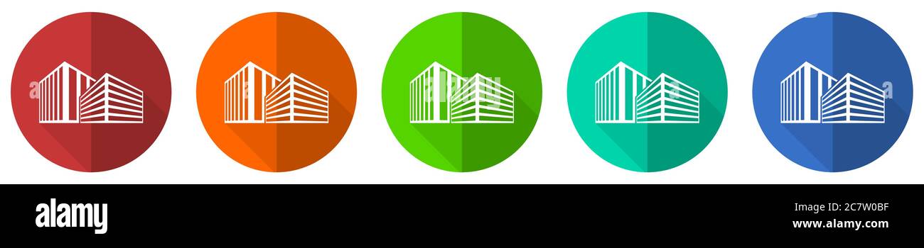 Modern design office buildings icon set, red, blue, green and orange flat design web buttons isolated on white background, vector illustration Stock Vector