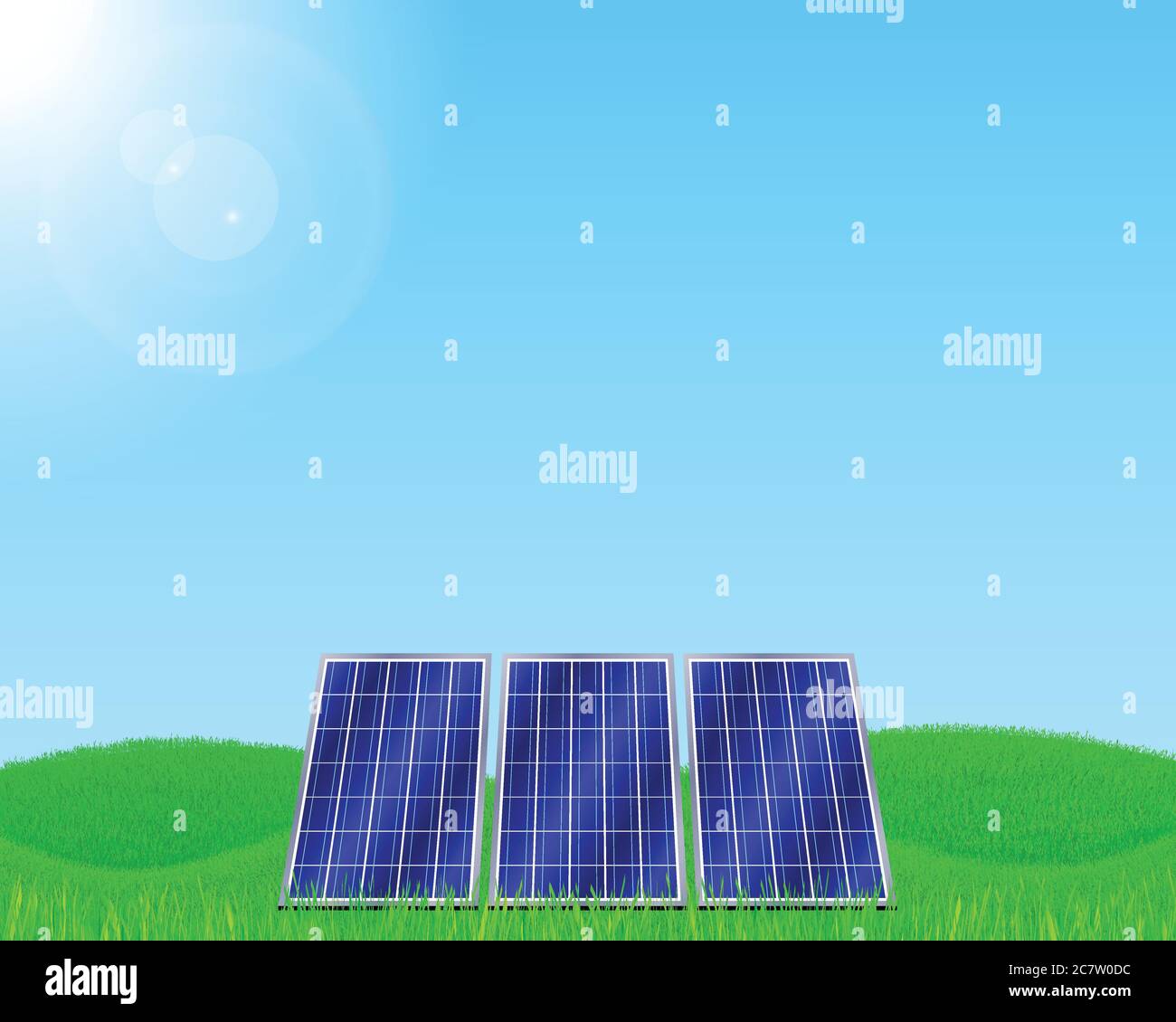 Solar panels on green grassy field, with sunshine. Stock Vector