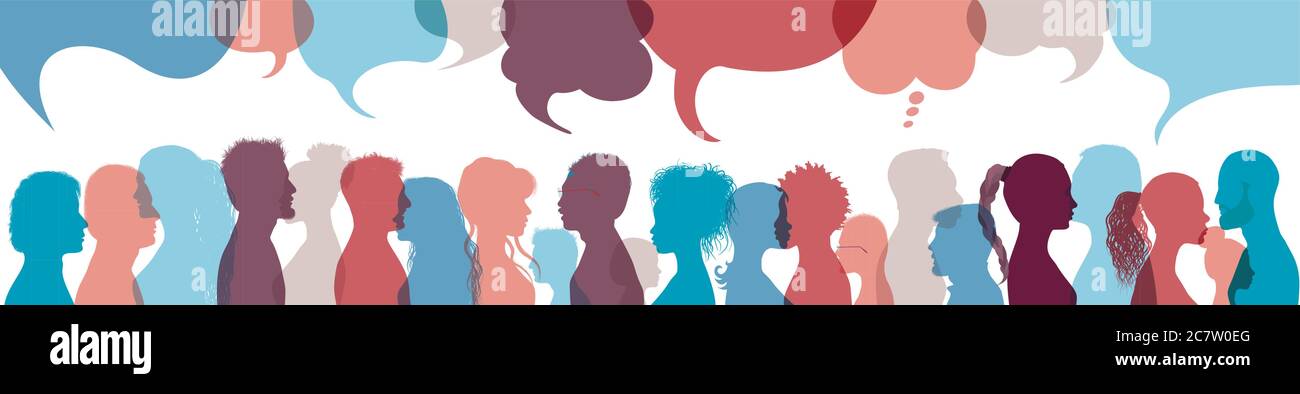 Crowd. Silhouette heads face international people in profile talking and communicating. Speech bubble. Communication. Communicate share ideas. Speak Stock Vector