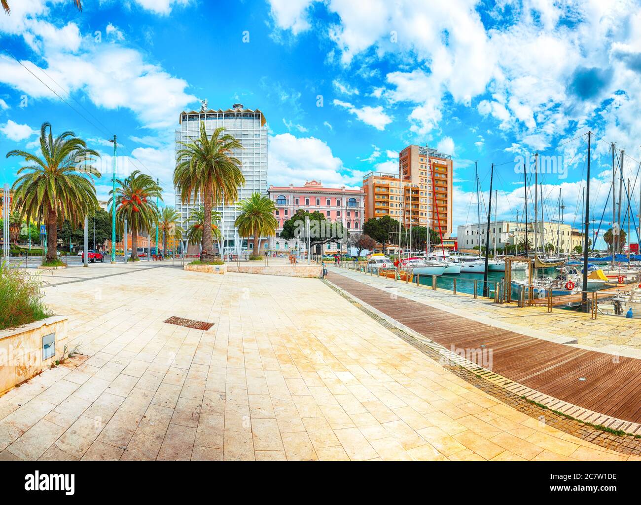 Splendid spring Cityscape with marina and Yachts and boats in town Cagliari. Location: Cagliari, Sardinia, Italy, Europe Stock Photo