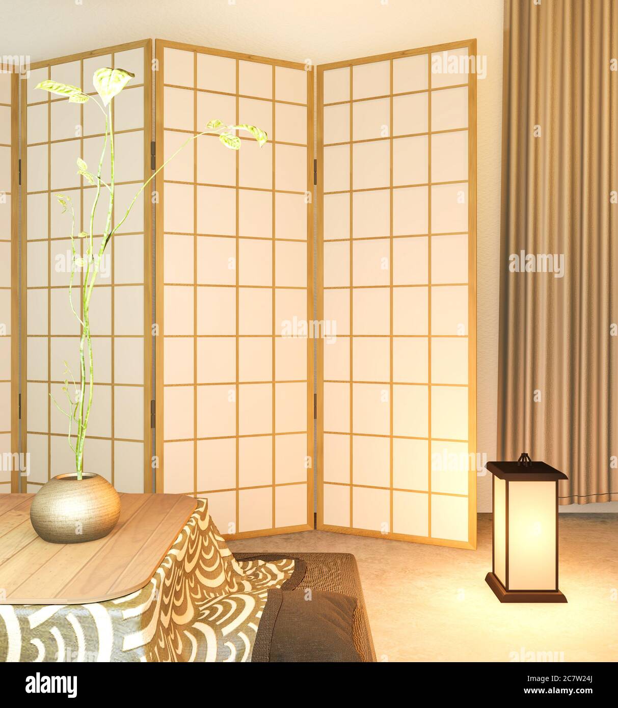 Japanese partition paper wooden design on living room tatami floor.3D