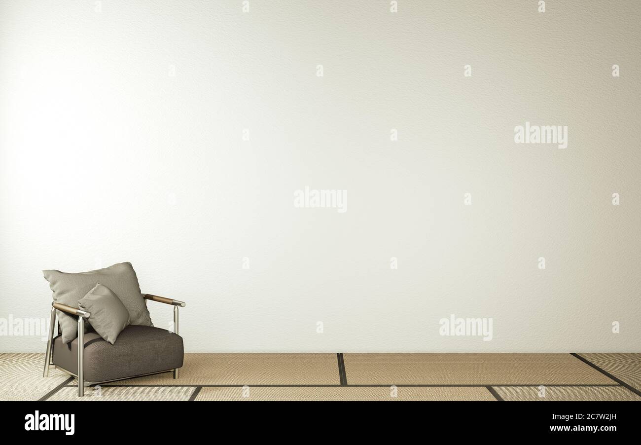 Modern Zen living room interior, white sofa and decor Japanese style on room white wall background. 3d rendering Stock Photo