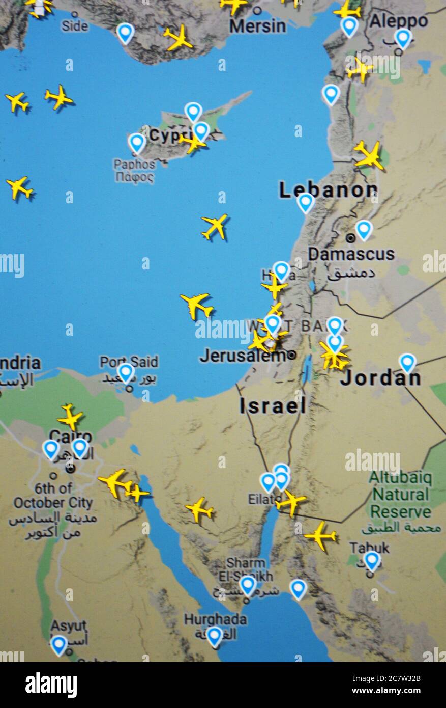 air traffic over Egypt, Israel, Jordan, Lebanon Syria, Cyprus, Turkey (19 july 2020, UTC 15.42)  on Internet with Flightradar 24 site Stock Photo