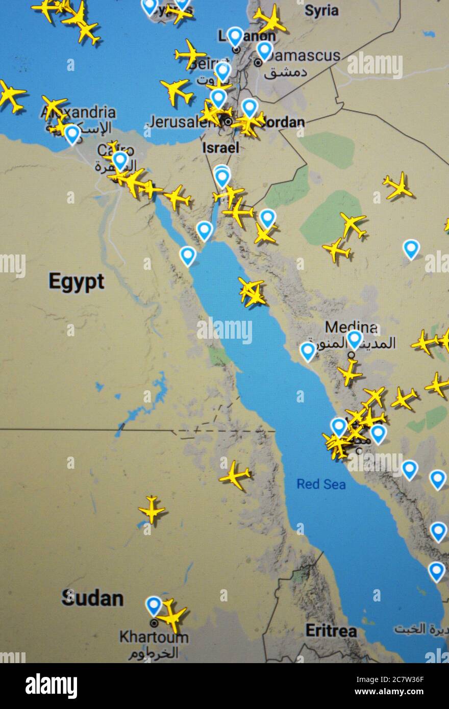 air traffic over Egypt, Israel, Jordan, Lebanon Syria, Cyprus, Sudan, Eritrea Saudia Arabia (19 july 2020, UTC 16.24) on Internet with Flightradar 24 Stock Photo