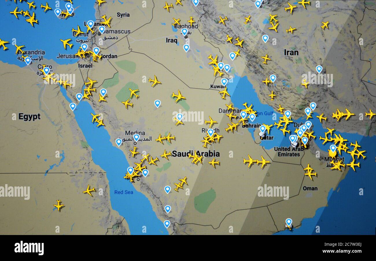 air traffic over Egypt, Israel, Jordan, Lebanon Syria, Iraq, Iran, Kuwait, UAE, Oman (19 july 2020, UTC 15.42)  on Internet with Flightradar 24 Stock Photo