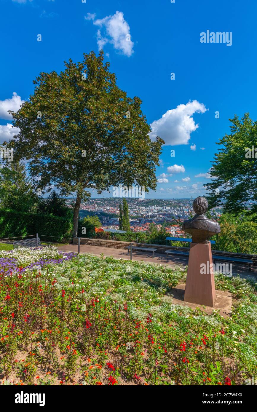 Santiago-de-Chile-Platz with bust of chilean peotess Gabriela Mistral, city district Haigst, capital city Stuttgart, Baden-Württemberg, South Germany Stock Photo